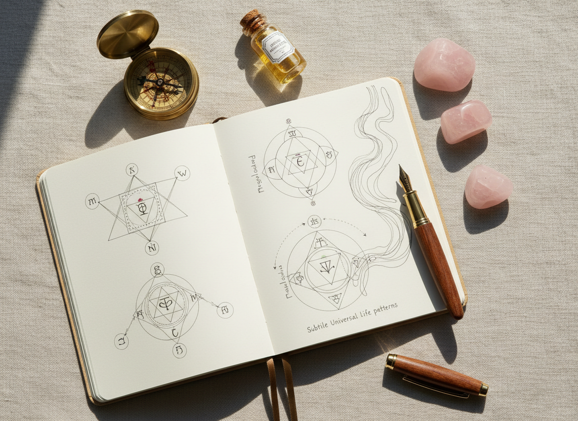 An overhead view of an open, cream-colored notebook lying on a pale linen cloth, its pages filled with neatly sketched diagrams of energy flows, chakras, and subtle universal life patterns inspired by SOUL teachings. Surrounding the notebook are carefully placed objects: a vintage brass compass, a delicate glass vial of essential oil, three tumbled rose quartz stones, and a slim fountain pen with a dark wooden barrel. Soft, natural window light from the top left creates gentle shadows and subtle highlights along the pen and compass edges. Photographic realism with crisp, detailed focus across the frame. The composition is thoughtfully arranged, suggesting a sophisticated study space where spiritual exploration meets structured understanding and inner guidance.