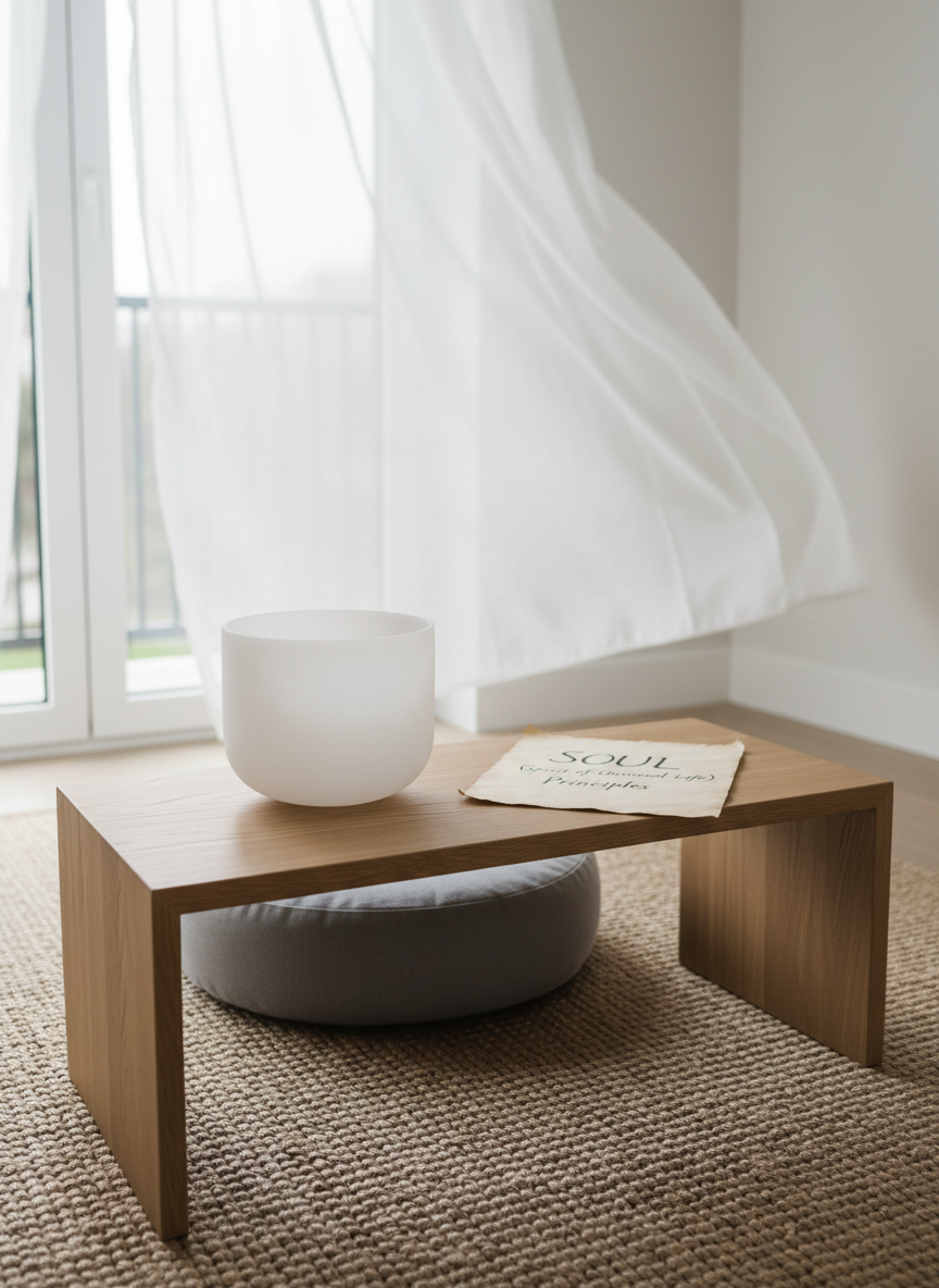 A smooth, circular meditation cushion in muted dove grey resting on a natural woven jute rug, centered before a low, minimalist wooden table that holds a single crystal singing bowl and a folded parchment describing SOUL (Spirit of Universal Life) principles. Behind, a sheer white curtain gently billows, hinting at a quiet breeze from an unseen open window. Soft, overcast daylight diffuses evenly throughout the space, eliminating harsh shadows and creating a gentle glow on the bowl’s frosted glass surface. Photographic realism from a low, slightly off-center angle emphasizes negative space and simplicity. The mood is tranquil, introspective, and elegantly minimal, evoking a safe sanctuary for deep spiritual practice, emotional healing, and rediscovery of inner light.