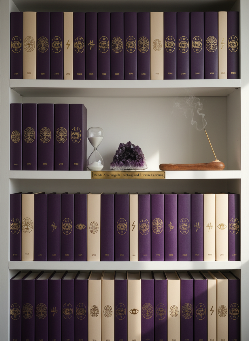 A neatly arranged bookshelf featuring a curated collection of deep-purple and soft-cream hardbound volumes, each with minimalist gold-foil symbols referencing universal life, energy, and wisdom. Between the books, carefully placed elements such as a polished amethyst cluster, a sand-filled glass hourglass, and a smooth wooden incense holder with a thin trail of fragrant smoke rising upward create a contemplative rhythm. Soft, indirect afternoon light from the right casts gentle gradients across the spines and crystals, producing subtle sparkles on the amethyst. Shot in photographic realism from an eye-level, straight-on perspective, the shelves fill the frame with a clean, sophisticated aesthetic. The atmosphere feels organized, calm, and intellectually spiritual, representing a refined library of Bunda Arsaningsih’s teachings and lifelong learning.