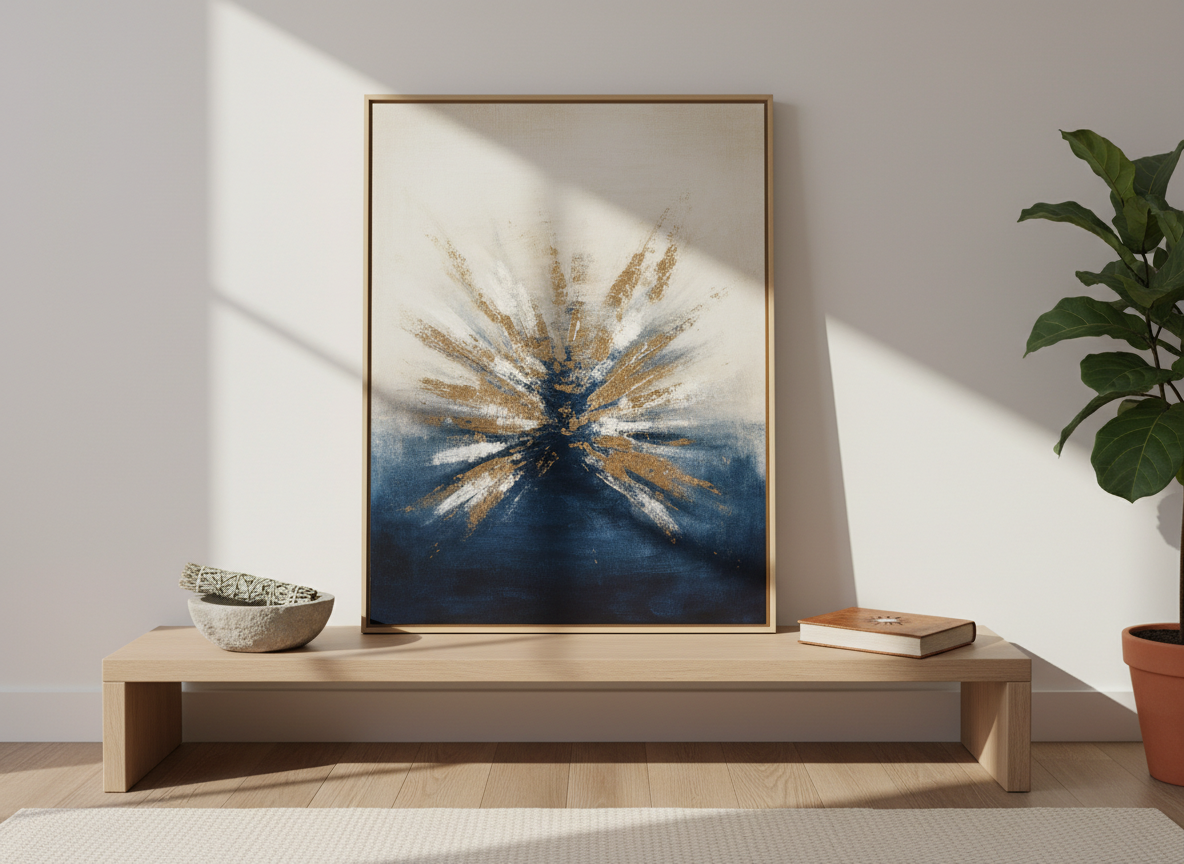 A serene corner of a modern living space showcasing a low, light-wood console table supporting a single large framed abstract artwork that subtly suggests an expanding aura of light emerging from darkness, rendered in muted golds, soft whites, and deep midnight blue. On the console rest a sanded stone bowl with white sage leaves and a closed leather-bound journal embossed with a small radiant symbol. Late afternoon sunlight grazes the artwork from the side, creating a delicate sheen and casting long, elegant shadows on the wall. Photographic realism at eye-level, with a balanced, minimalist composition. The mood is contemplative, refined, and quietly powerful, symbolizing the journey from confusion to spiritual clarity and lasting happiness.