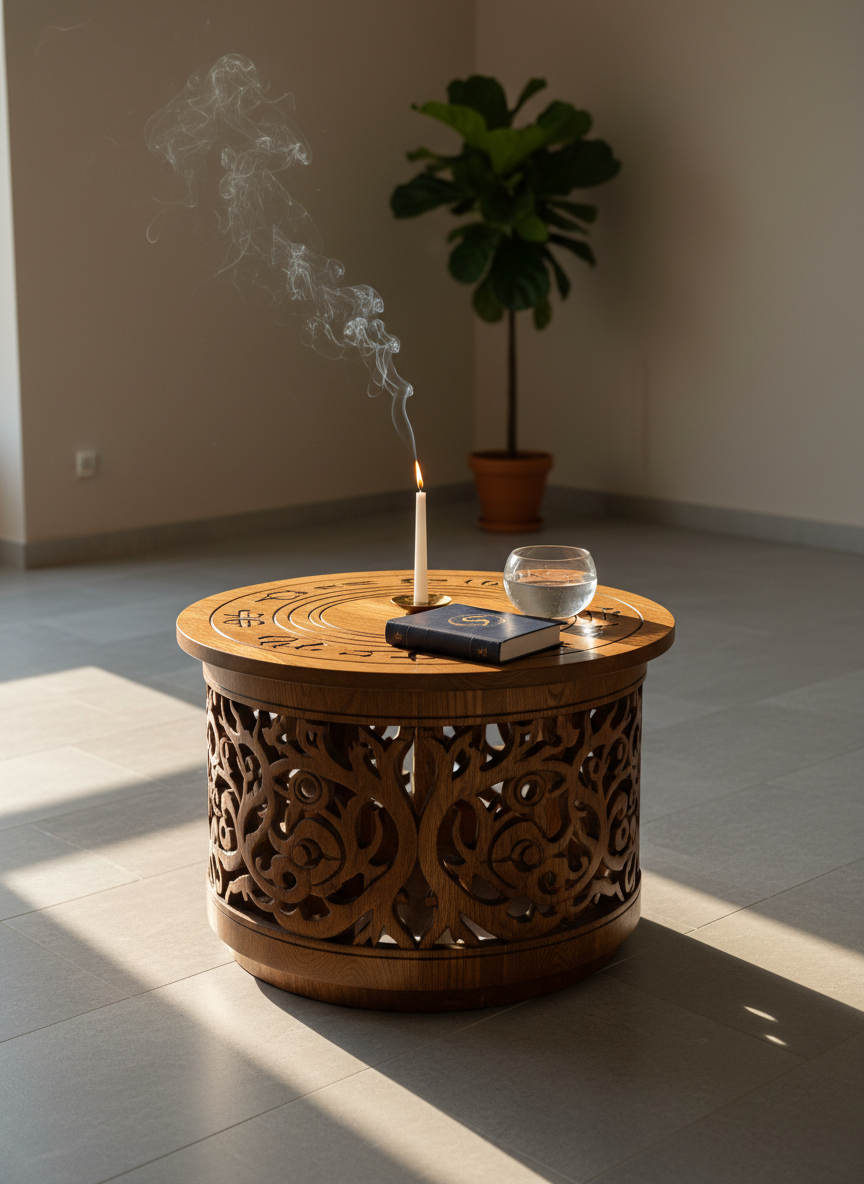 A circular, intricately carved wooden altar table holding a single lit white candle, a closed deep-indigo book embossed with a subtle golden SOUL-inspired symbol, and a small clear bowl of pristine water. The table stands in the center of an uncluttered room with smooth stone flooring and soft beige walls, accented by a single tall green plant in the distance. Warm, diffused golden-hour light filters in from an unseen window, illuminating gentle wisps of candle smoke and creating long, elegant shadows. Captured at a slightly elevated angle in photographic realism, the composition follows the rule of thirds, emphasizing balance and harmony. The mood is reverent yet modern, suggesting spiritual clarity, refinement, and focused devotion to inner transformation.